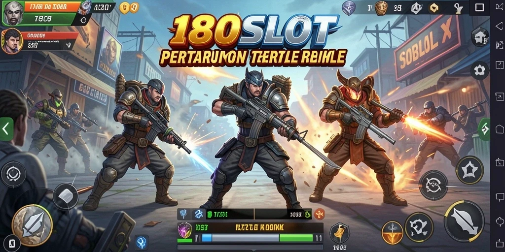 Screenshot utama 180SLOT menampilkan pertempuran seru di medan Battle Royale.