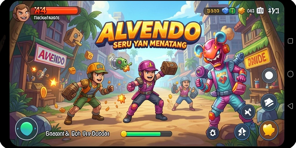 Tangkapan layar utama ALVENDO menunjukkan gameplay Arcade yang seru dan menantang.