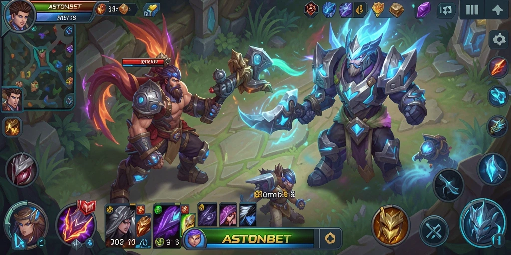 Screenshot gameplay ASTONBET yang menunjukkan aksi seru dalam pertarungan MOBA.