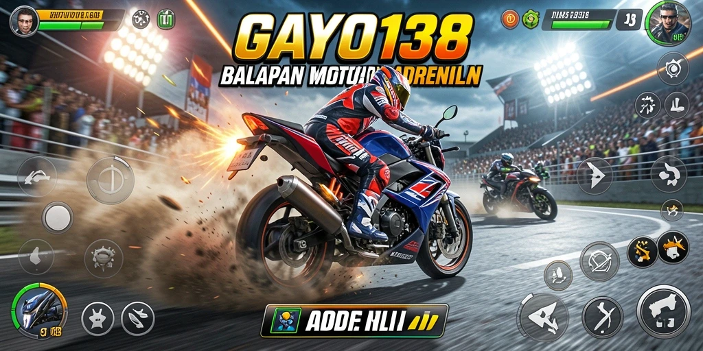 Tampilan gameplay GAYO138 menunjukkan balapan motor yang seru dan menantang.