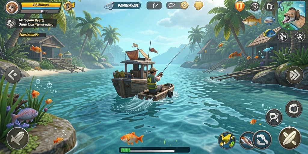 Screenshot gameplay PANDORA99 menampilkan suasana memancing yang menakjubkan.