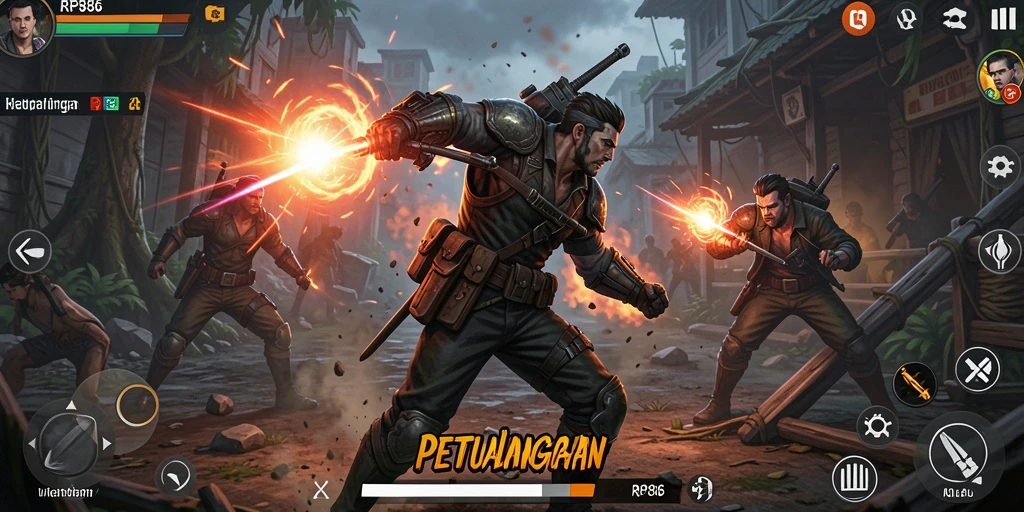 Screenshot gameplay RP886 dengan aksi penuh adrenalin dan karakter beragam.
