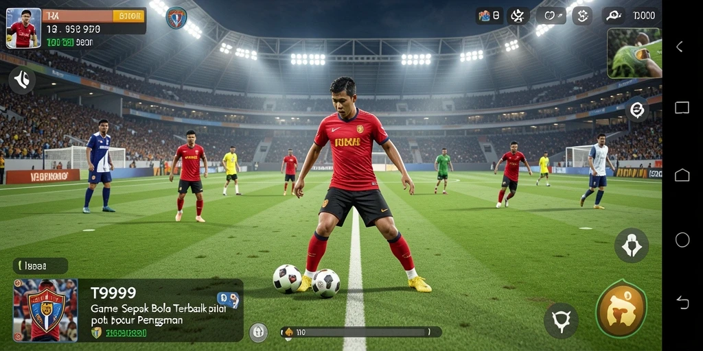 Screenshot utama T9999 menampilkan aksi seru di lapangan sepak bola.