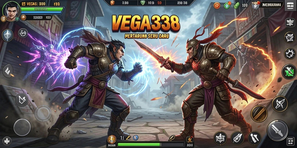 Gameplay menegangkan dengan karakter bertarung di arena.