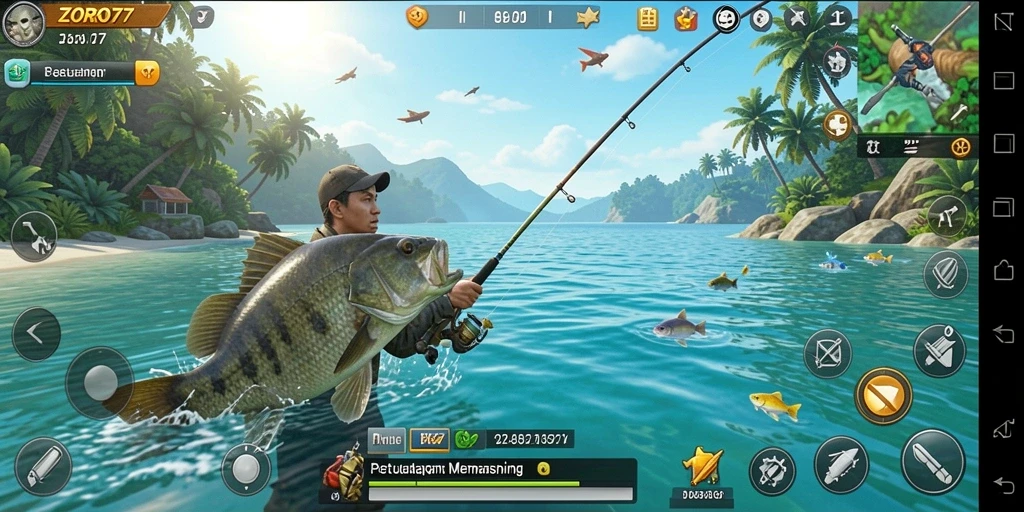 Tampilan gameplay ZORO77 yang menarik saat memancing ikan.